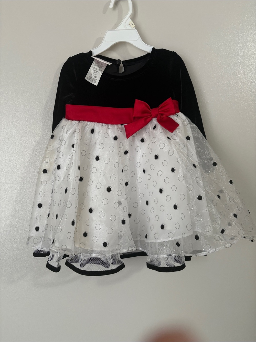 Bonnie Baby Black Velvet & White Polka Dot Dress with Red Bow